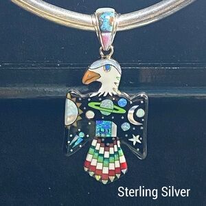 Signed SM-Eagle Galaxy Mosaic Night Sky Multi Inlay Sterling Silver Pendant